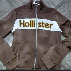 Hollister Brown and White Zip-Front Track Jacket